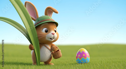 Cute 3D cartoon bunny wearing an explorer hat and holding a basket, peeking from behind a green leaf at a decorated Easter egg on a sunny meadow. High quality 3D animated style illustration.
