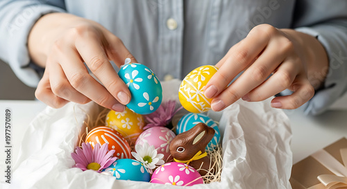Person carefully packing bright hand painted Easter eggs and a chocolate bunny into a white paper lined gift box. Bright lifestyle photography focusing on holiday preparation.