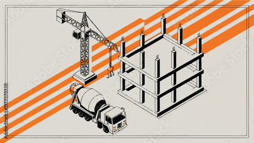 construction site with crane and cement mixer truck pouring concrete