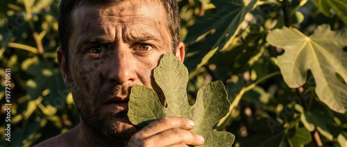 Adam hiding behind a large fig leaf in Garden of Eden. Biblical character showing sorrow and shame after sin. Concept of fall of man, banishment, human guilt and primitive life. Banner with copy space