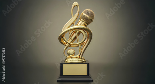 A shiny golden music award trophy featuring a microphone integrated with a treble clef symbol. illustration