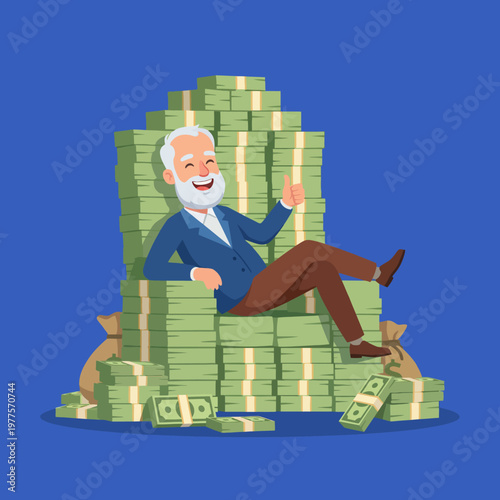 A humorous and lighthearted illustration showing an elderly man comfortably lounging among piles of cash, symbolizing wealth, success, and a carefree lifestyle.