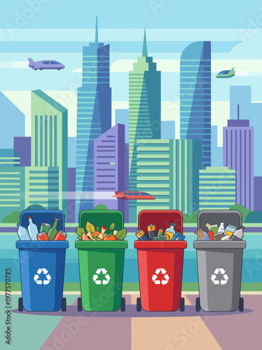 A vibrant illustration of recycling bins set against a modern city skyline, promoting environmental awareness and sustainable waste management practices.