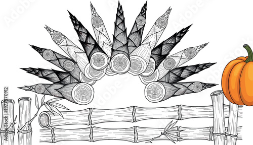 Sugarcane and bamboo vector illustration set featuring detailed engraving style stalks with tropical leaves and pumpkin element isolated on white
