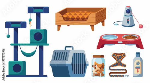 A collection of colorful pet supplies including a scratching post, pet bed, food bowl, and other essentials aimed at enhancing the lives of cats and dogs at home.