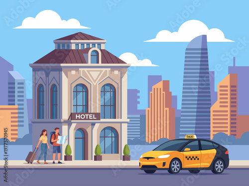 A city hotel building with travelers arriving while a yellow taxi waits outside, symbolizing adventure, travel, and urban living in a vibrant metropolitan environment.