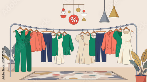 An artistic display of various clothing items showcases a vibrant selection of fashion trends, emphasizing the importance of style and color in contemporary fashion.