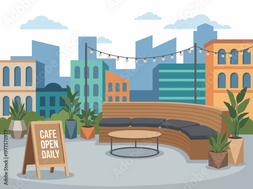 A cozy cafe with a welcoming sign and stylish seating emerges against a vibrant city skyline, inviting relaxation and social interaction in an urban environment.