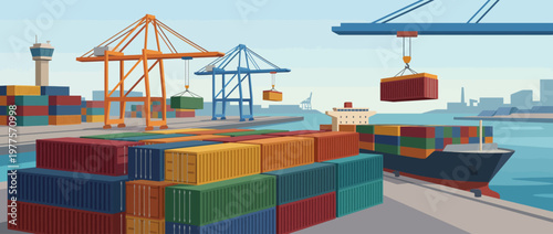 An industrial scene featuring shipping cranes loading containers onto a ship emphasizes global trade and logistics, reflecting the complexities of maritime commerce.