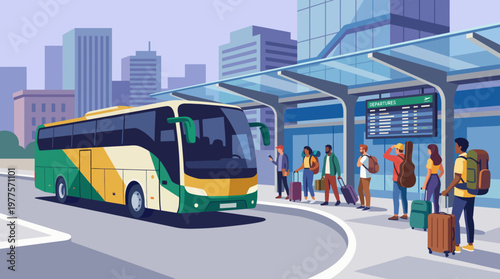The image shows a bus station in a city, depicting passengers waiting for their bus, embodying the hustle and bustle of urban transportation and daily commutes.