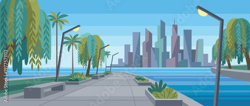 This image captures a scenic walkway lined with palm trees, leading to a beautiful waterfront with a skyline view, evoking a serene atmosphere of city life by the water.