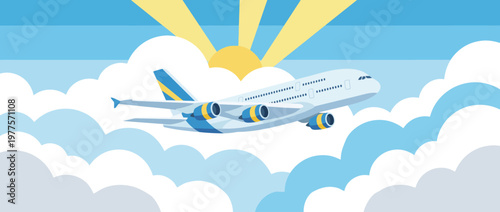 A sleek airplane flies gracefully among fluffy clouds with vibrant sun rays illuminating the blue sky, capturing the essence of travel and adventure in a serene atmosphere.