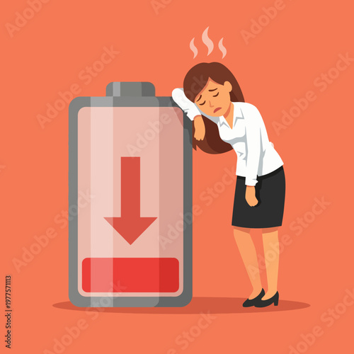 A creative illustration of an exhausted woman leaning against a low battery symbol, representing stress, fatigue, and the need for balance in modern-day lifestyles and work.