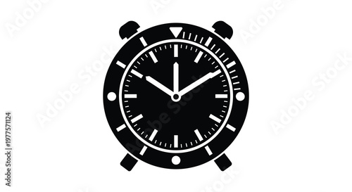 A black silhouette of a dive watch with detailed features and markings