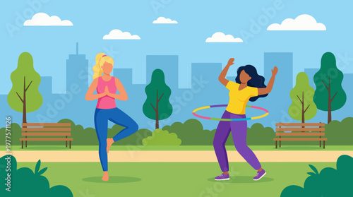 Two energetic women engage in fitness exercises in a park setting, promoting a healthy lifestyle through yoga and hula hooping against a backdrop of greenery and city buildings.