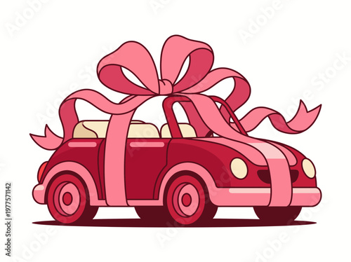 This image features a charming red car adorned with a large pink bow, symbolizing the joy of gifting and celebrations. Perfect for showcasing surprise gifts or promotions.