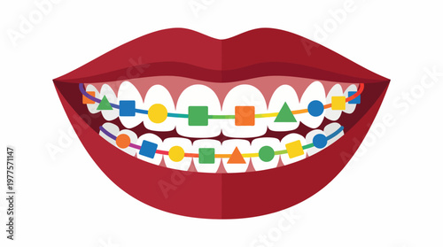 A playful and creative depiction of a smiling mouth with colorful braces, symbolizing dental health, youth, and self-expression through orthodontic choices.