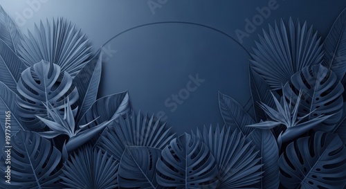 Dark blue background featuring tropical leaves and plants, creating a serene and calming atmosphere