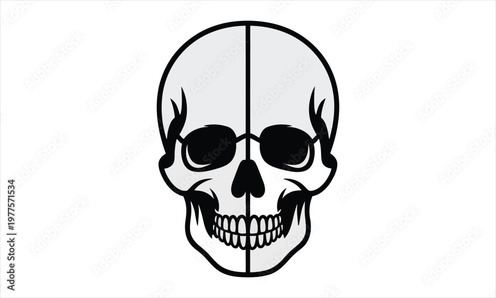 Obraz premium A black and white illustration of a human skull with a vertical line down the middle on isolated white background