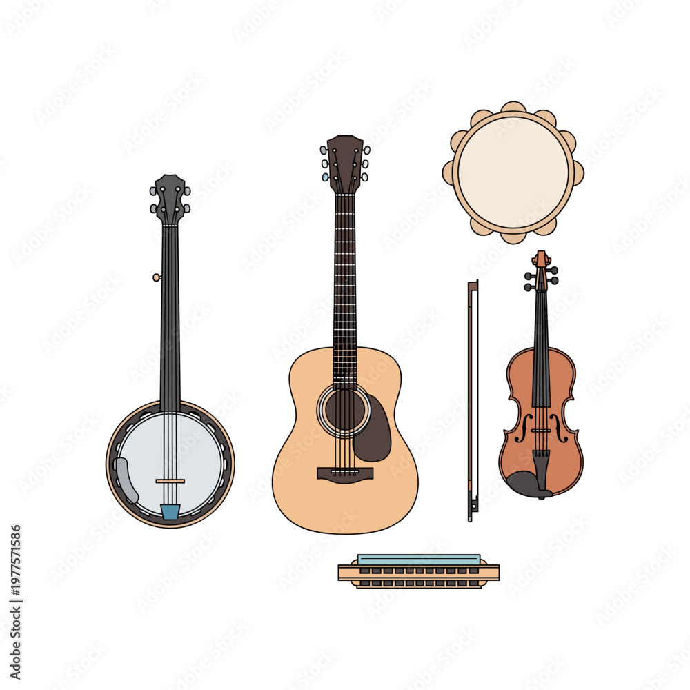 Fototapeta premium Illustrated collection of traditional string musical instruments