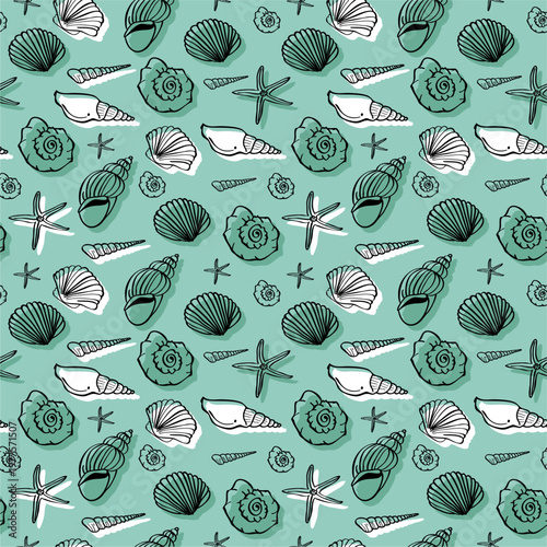 Sea seamless vector pattern. Marine life hand drawn pattern in doodle style