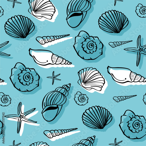 Sea seamless vector pattern. Marine life hand drawn pattern in doodle style