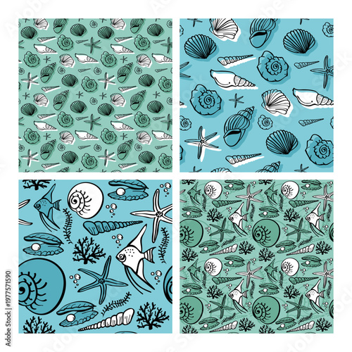 Sea seamless vector pattern. Marine life hand drawn pattern in doodle style