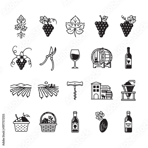 Vineyard icons with grapes wine bottles barrels and winery buildings