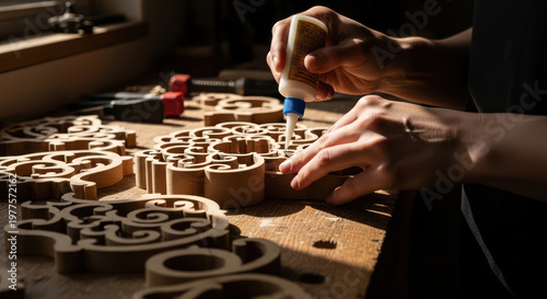 Woodworking Artisan Applying Glue to Intricate Laser Cut Wooden Patterns