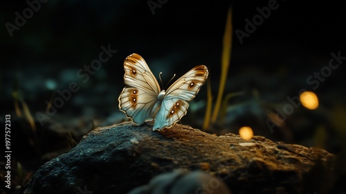 Night butterfly resting on rock, fireflies background, nature scene