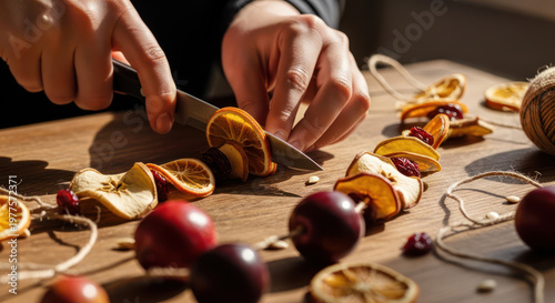 Hands Cutting Dried Fruit Slices for Homemade Christmas Garland Decoration