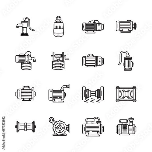 Water pump icons in a clean line art style for industrial and agricultural applications