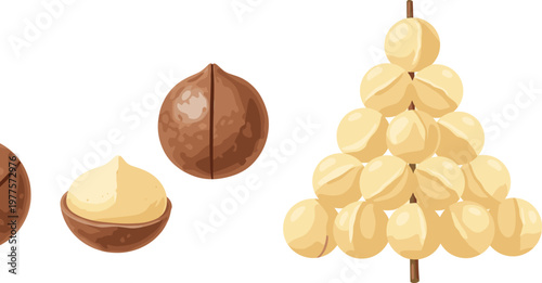 Foto Macadamia Nut Collection with Whole, Cracked, and Shelled Nuts for Healthy Food,