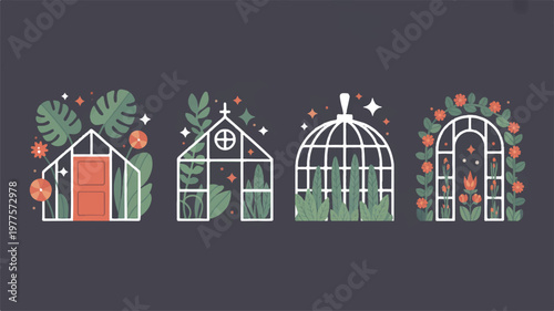 Four greenhouses and plant houses with flowers and leaves on gray background