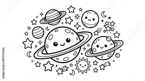 Smiling Cartoon Planets and Stars.