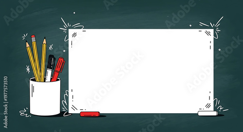 An illustration of a blank white chalkboard with a cup of colorful school supplies and copy space for back to school themes