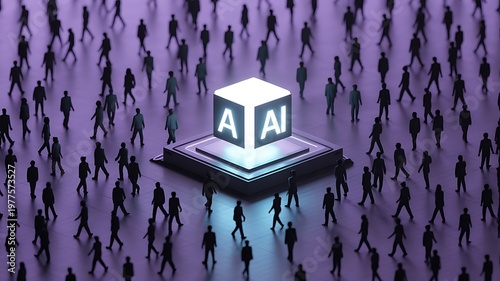 Futuristic AI concept, artificial intelligence cube, crowd of people, purple background, technology