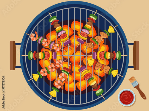 A colorful grill is loaded with a variety of kebabs and grilled vegetables, showcasing a delicious assortment of flavors ready for a sunny BBQ gathering with friends.