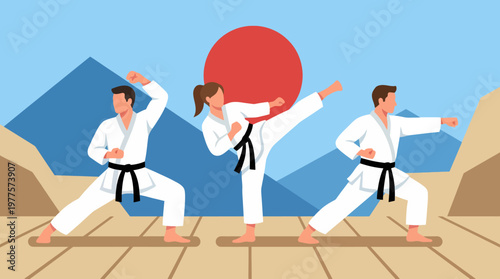 Three dedicated martial artists perform karate poses that emphasize strength, focus, and discipline against a backdrop representing Japanese cultural elements.