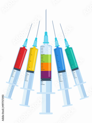 A striking arrangement of syringes filled with bright, colorful liquids brings forth themes of medicine, creativity, and the importance of health in a vivid and artistic manner.