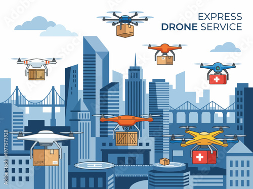 This image showcases various drones delivering packages above a city skyline, symbolizing the future of rapid delivery services using modern technology in urban settings.