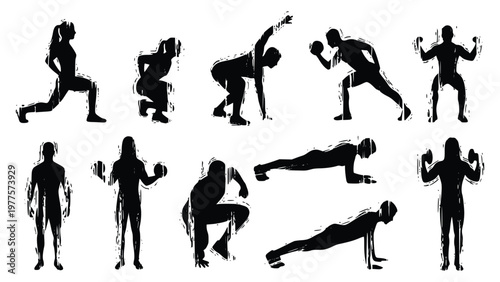 Black silhouettes of people doing various exercises and workouts in different poses and positions with grunge effect
