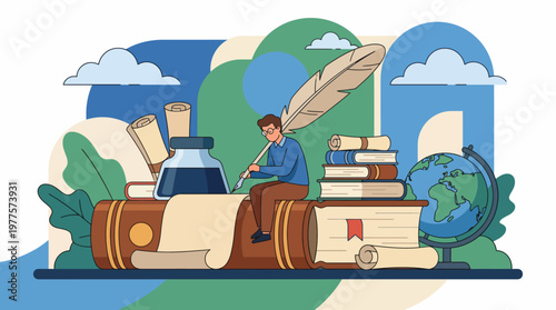 An artistic representation of a person writing with a quill atop a stack of books, symbolizing creativity, knowledge, and exploration in the literary world and beyond.
