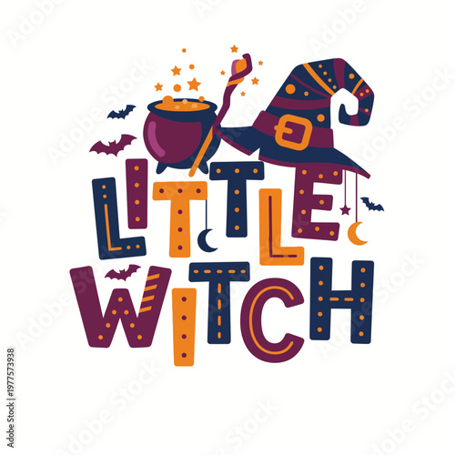 The image features a cheerful little witch with her hat and cauldron, capturing the playful essence of Halloween while highlighting the creativity and fun of the festive season.