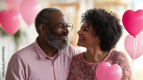 Loving senior couple celebrating Valentine's Day with heart balloons