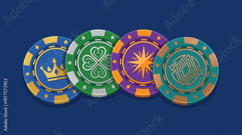 A set of colorful poker chips on a deep blue background, showcasing various designs and colors typical in gaming culture, ideal for conveying fun and excitement.