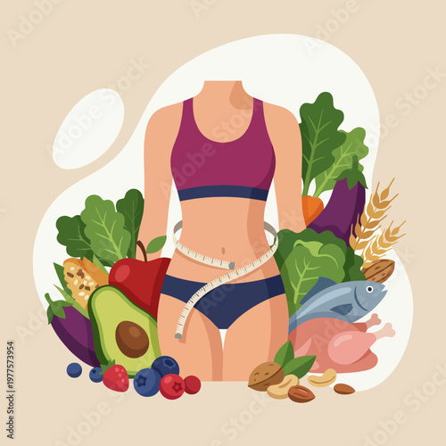 This image features a headless figure surrounded by an assortment of fresh vegetables and fruits, emphasizing a healthy lifestyle and dietary choices for well-being.