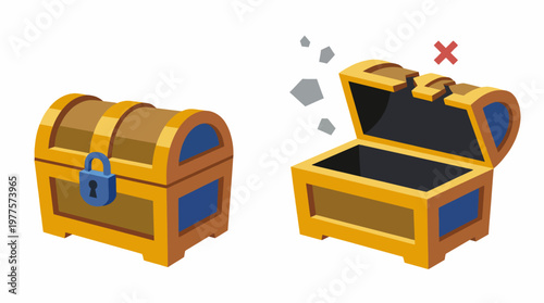 The illustration depicts two treasure chests, one locked and adorned, and the other empty, symbolizing the themes of reward, mystery, and the anticipation of discovery.