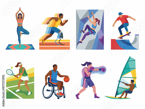 This vibrant image showcases diverse athletes participating in various sports, highlighting inclusivity and the celebration of physical activities across different disciplines.
