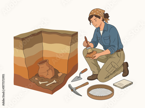 An archaeologist meticulously examines ancient artifacts at an excavation site, highlighting the importance of discovery and connection to our historical past through scientific exploration.